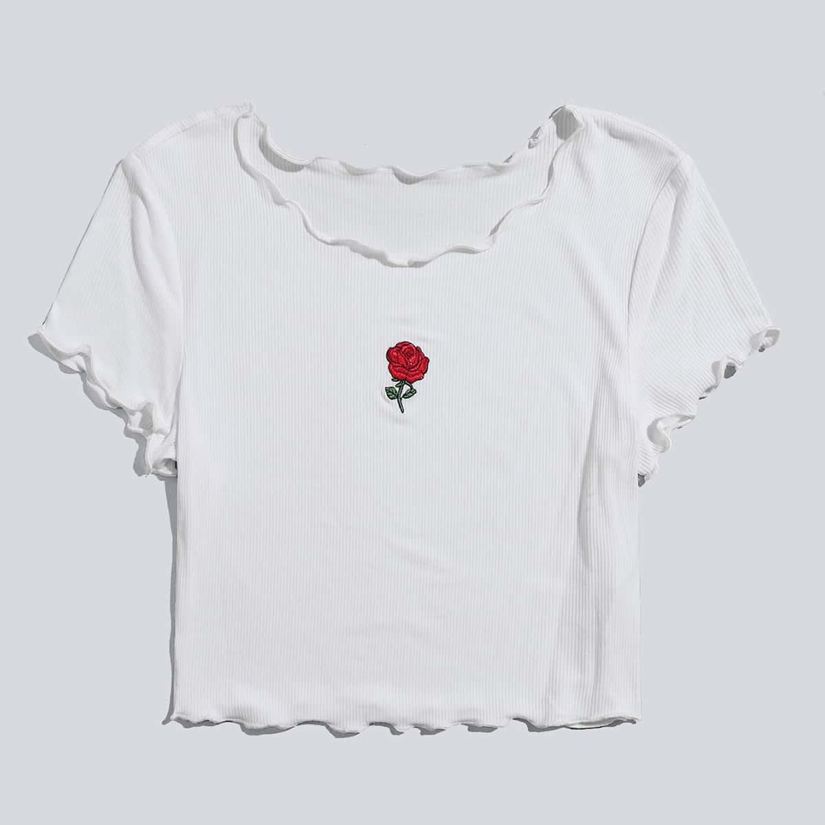 

Rose Embroidery Lettuce Trim Crop Tee, White