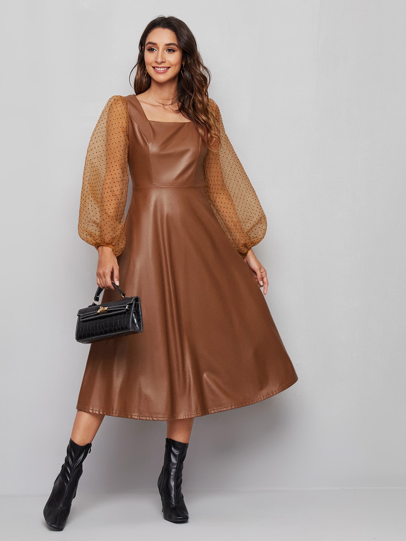 Our Polka Dot Flocked Organza Lantern Sleeve PU Leather Dress is such a  vibe - ROMWE