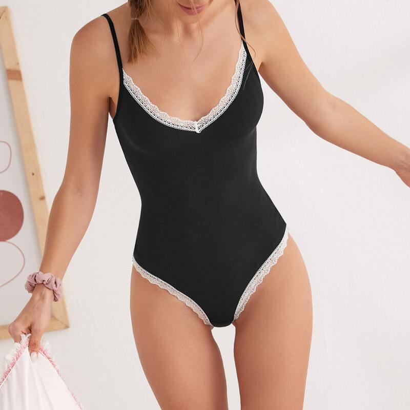 

Lace Trim Teddy Bodysuit, Black