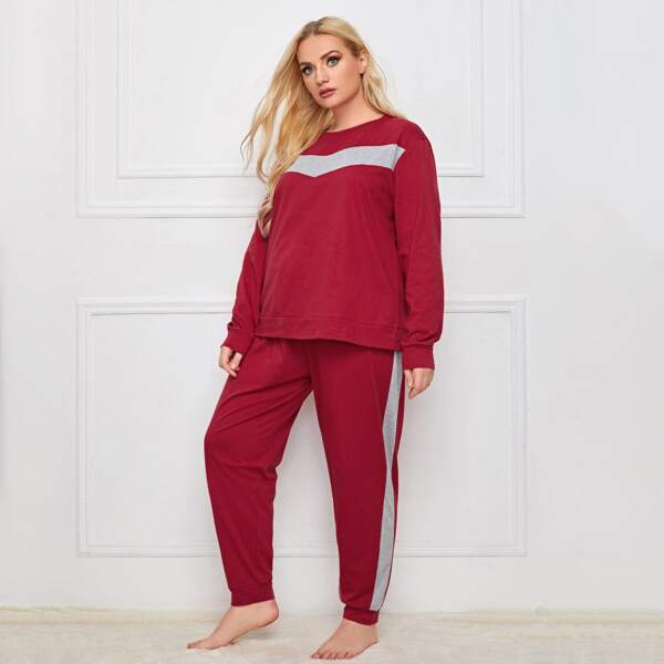 

Plus Chevron Print Side Striped Pajama Set, Burgundy
