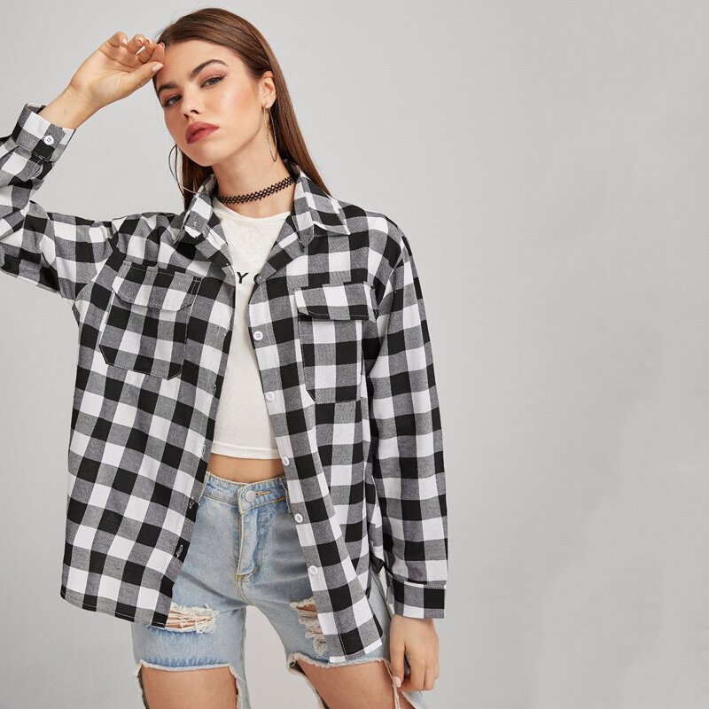 

Gingham Button Front Pocket Blouse, Black and white