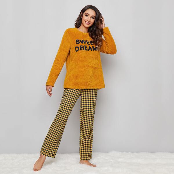 

Letter Teddy Pullover and Buffalo Plaid Pants PJ Set, Yellow