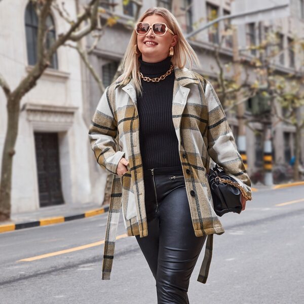 

Plus Self Belted Plaid Overcoat, Multicolor