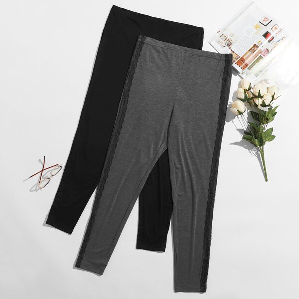 

Plus 2 Pack Lace Side Leggings, Black