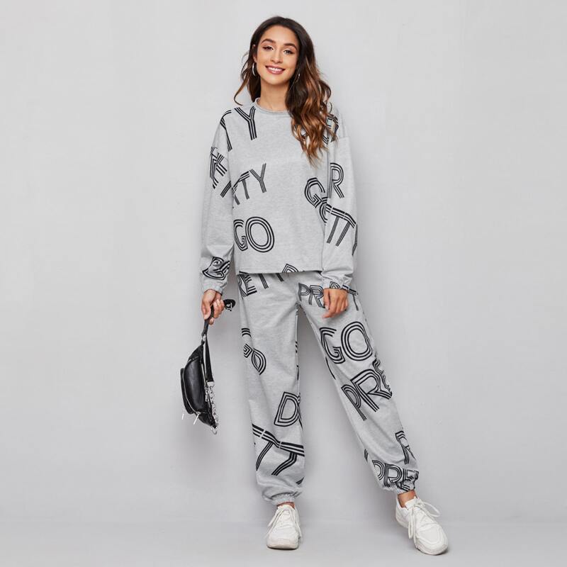 

Drop Shoulder Letter Graphic Pullover & Sweatpants PJ Set, Light grey