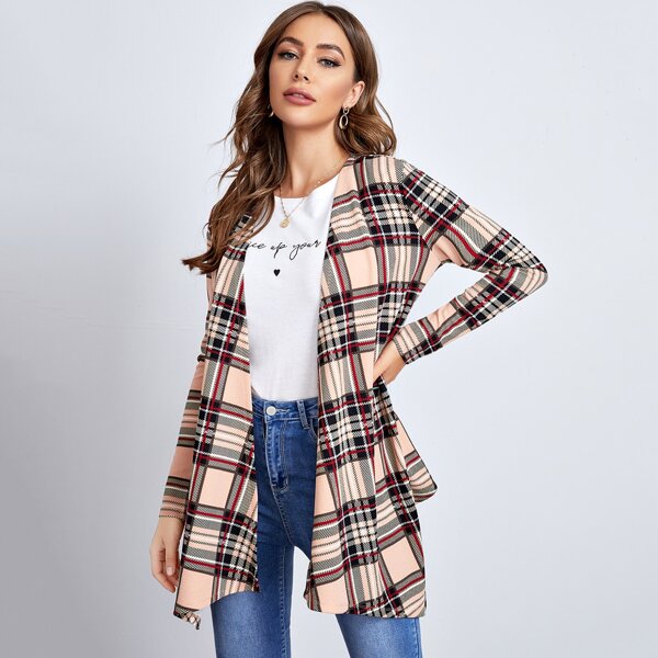 

Open Front Plaid Asymmetrical Hem Coat, Multicolor