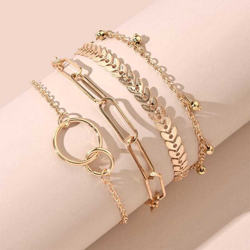 

4pcs Leaf Chain Bracelet, Gold