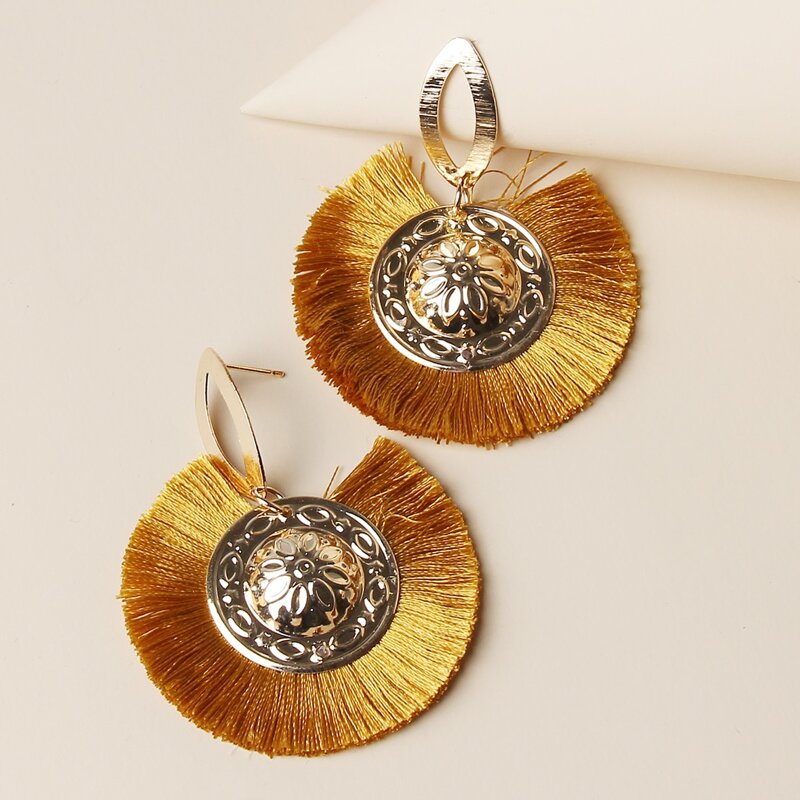 

Metal Fringe Drop Earrings, Mustard yellow