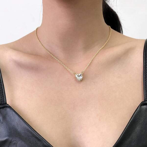

Rhinestone Heart Charm Necklace, Gold