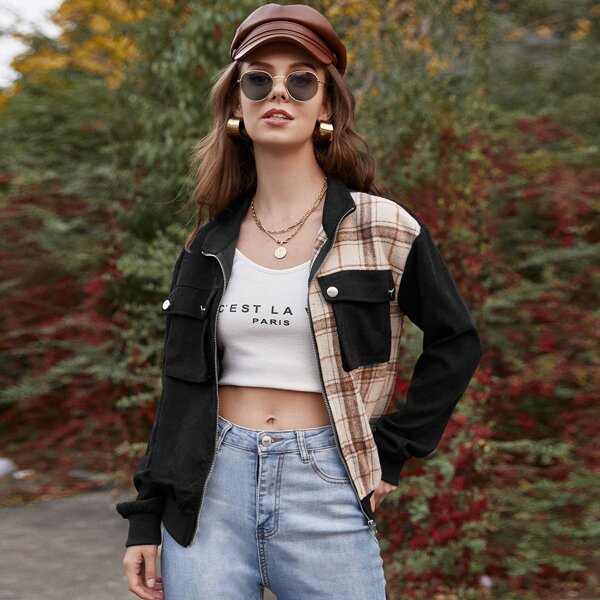 

Plaid Zip Up Flap Pocket Jacket, Multicolor