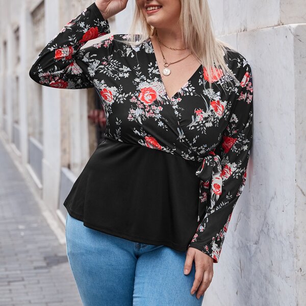 

Plus Flower Print Surplice Front Top, Black