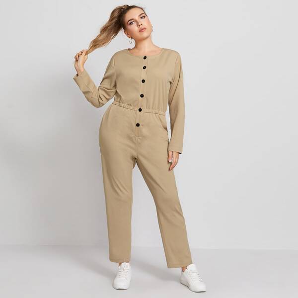

Plus Solid Button Front Jumpsuit, Khaki