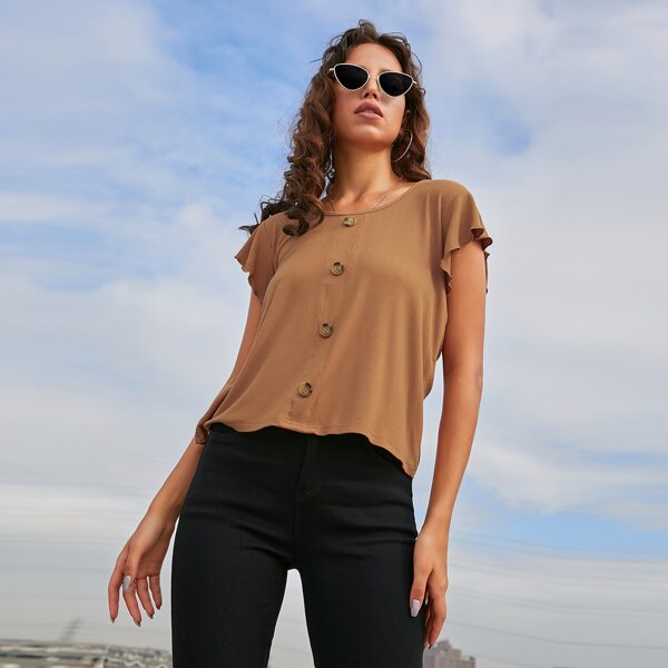 

Button Front Lettuce Trim Rib-knit Tee, Brown