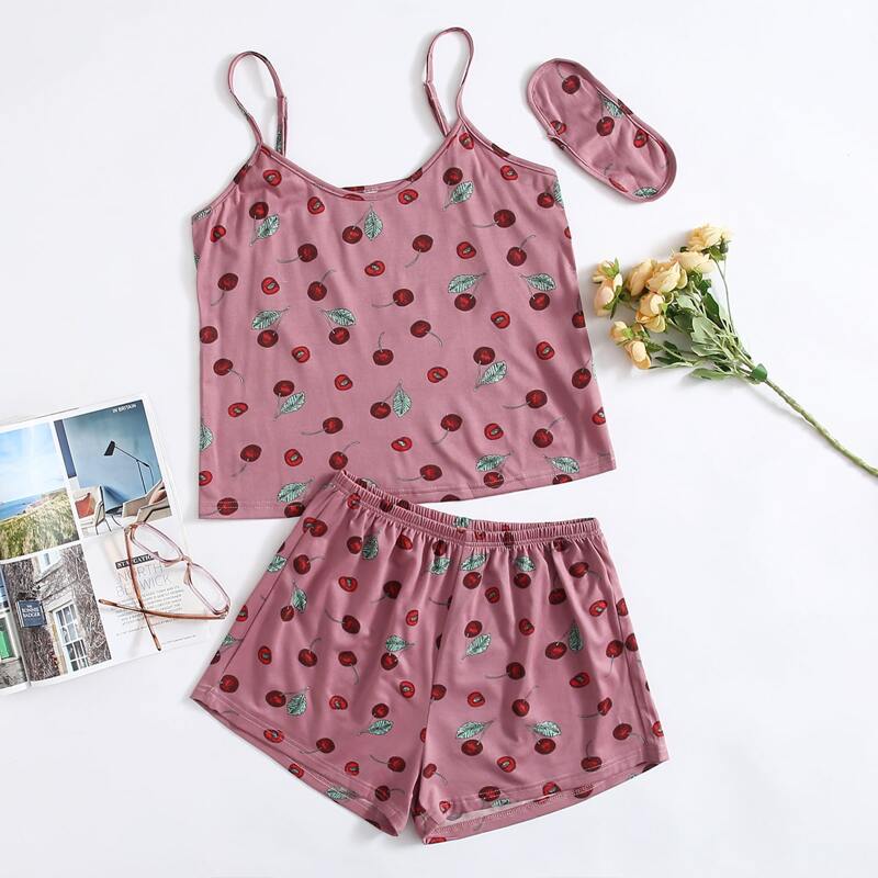 

3pcs Cherry Print Cami PJ Set & Eye Cover, Dusty pink