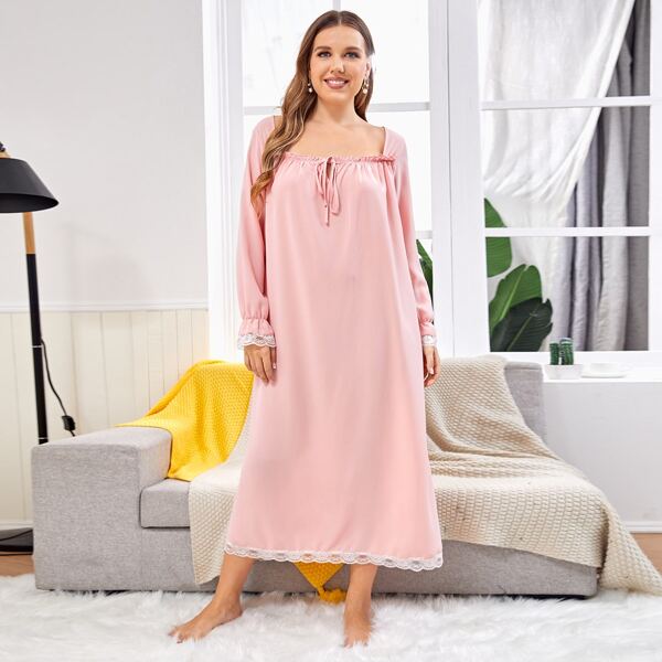

Plus Tie Neck Lace Trim Night Dress, Baby pink