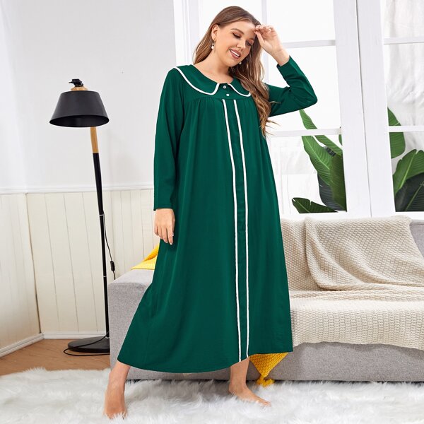 

Plus Peter Pan Collar Contrast Binding Night Dress, Dark green