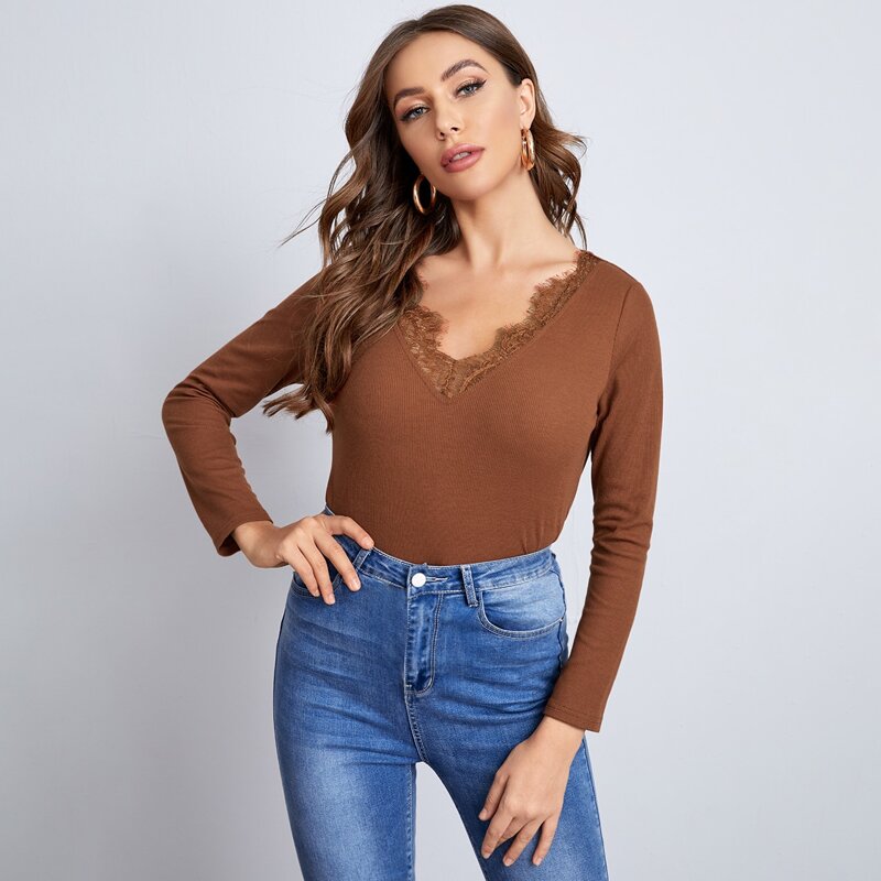 

Eyelash Lace Trim Neck Top, Brown
