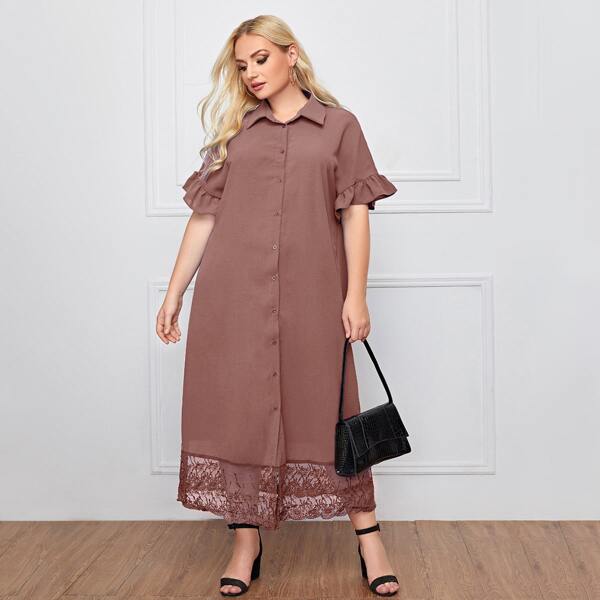 

Plus Collared Buttoned Front Ruffle Cuff Embroidery Mesh Hem Dress, Redwood