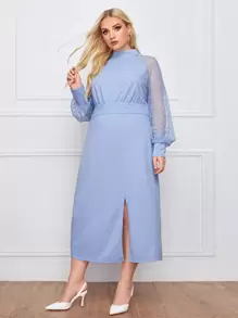 SHEIN Clasi 大碼提花網紗袖開衩下擺挖空洋裝 - 藍色 - 查看 1