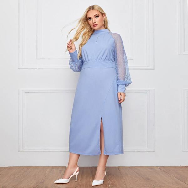 

Plus Dobby Mesh Sleeve Split Hem Peekaboo Dress, Blue
