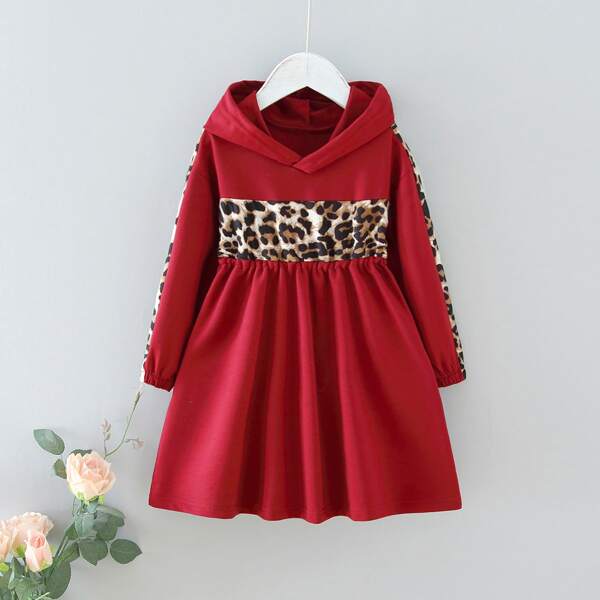 

Toddler Girls Leopard Panel Hoodie Dress, Burgundy
