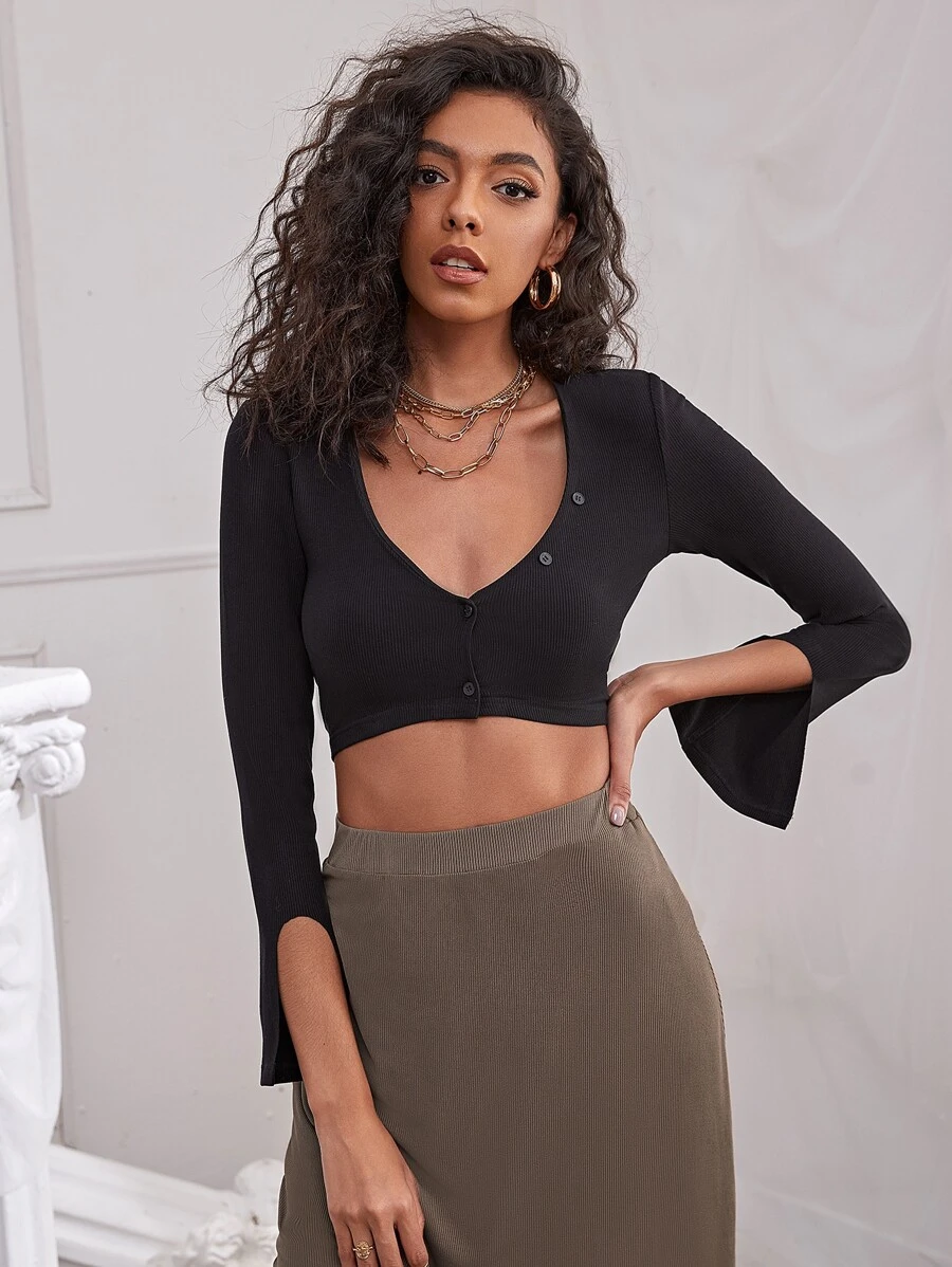SHEIN Unity Áo nữ Nút phía trước màu trơn Giải trí - màu đen - Xem 1