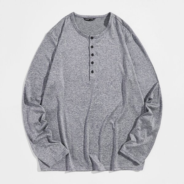 

Men Button Half Placket Marled Tee, Grey