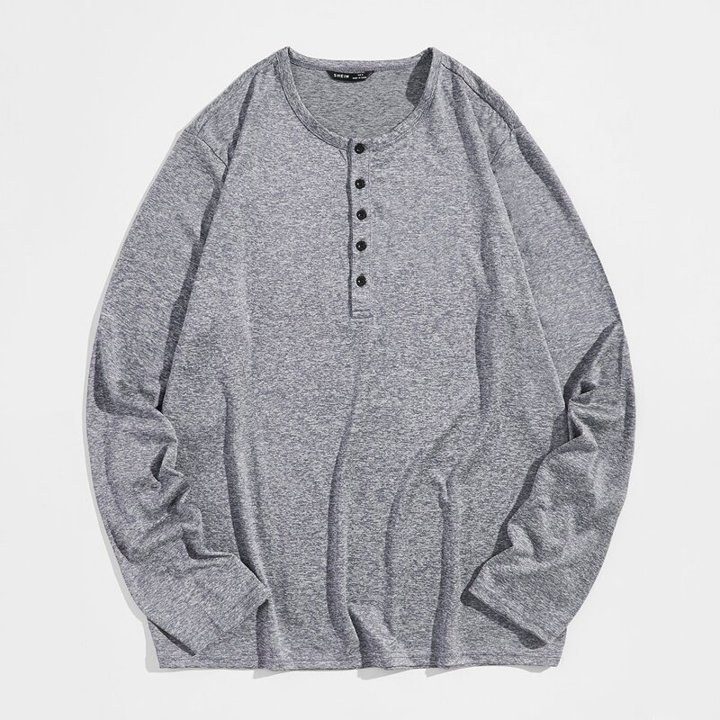 

Men Button Half Placket Marled Tee, Grey