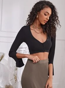 SHEIN Unity Áo nữ Nút phía trước màu trơn Giải trí - màu đen - Xem 3