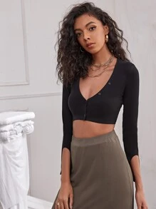 SHEIN Unity Áo nữ Nút phía trước màu trơn Giải trí - màu đen - Xem 5
