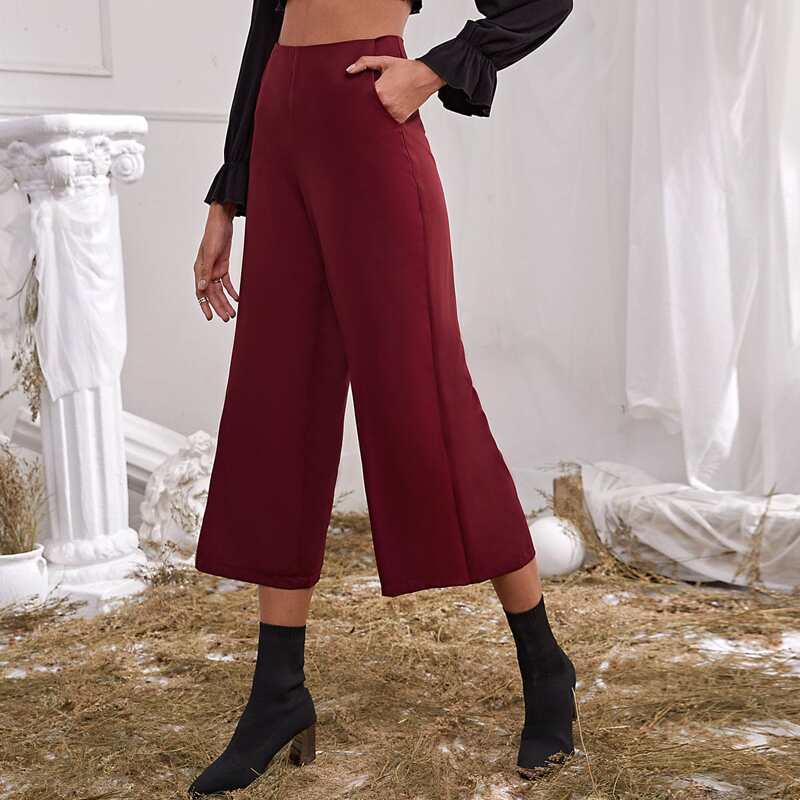 

High Waist Wide Leg Capri Pants, Burgundy