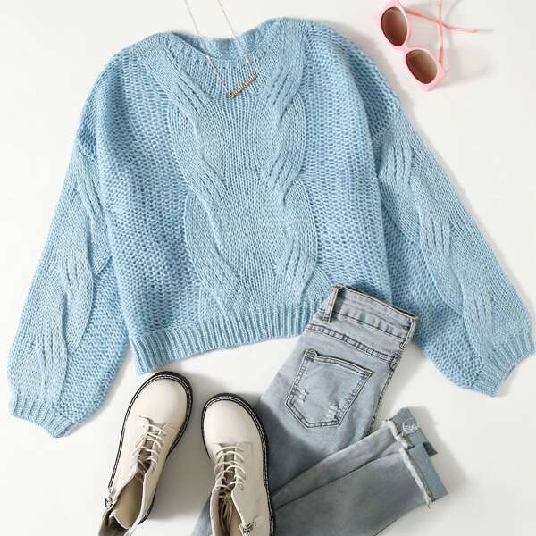 

Drop Shoulder Cable Knit Sweater, Pastel baby blue
