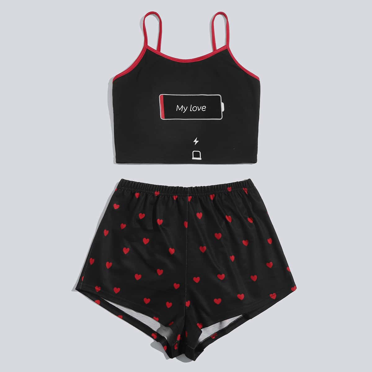

Letter & Heart Print Shorts PJ Set, Black