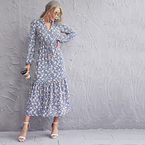 

All Over Floral Print Notched Neck Ruffle Hem Dress, Baby blue