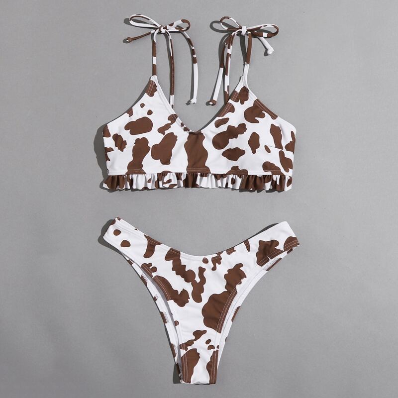 

Cow Print Frill Trim Bikini Swimsuit, Multicolor