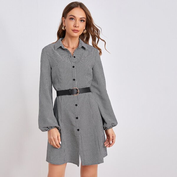 

Houndstooth Button Up Shirt Dress Without Belt, Black and white