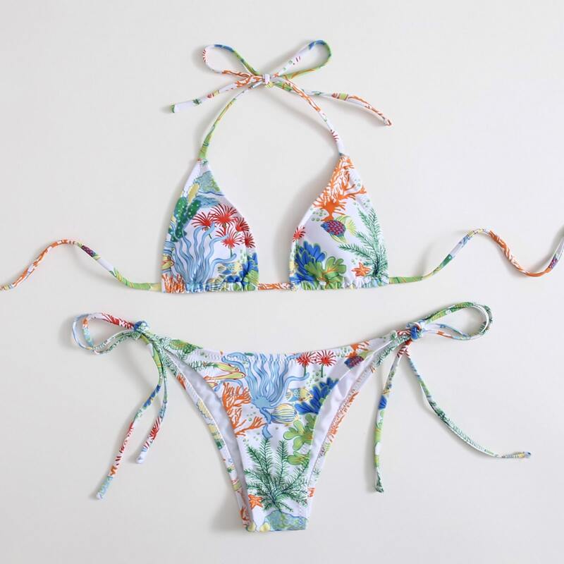 

Undersea Pattern Tie Side Bikini Swimsuit, Multicolor