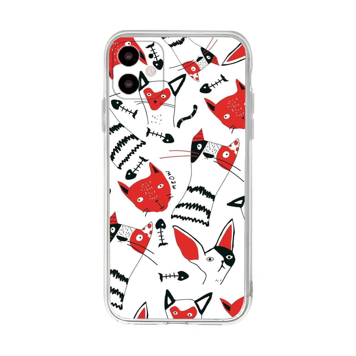 

Cartoon Cat & Fish Bone Print iPhone Case, Multicolor