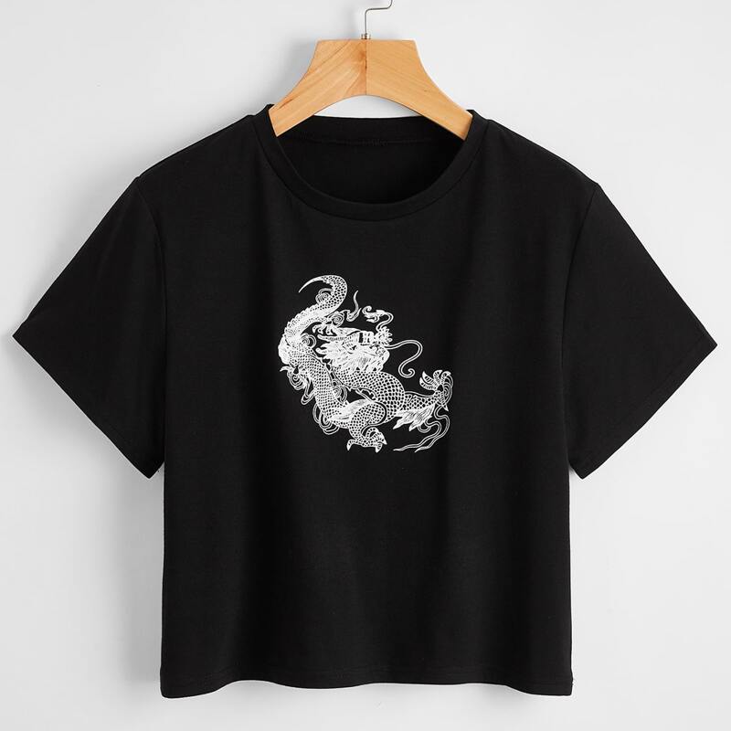 

Chinese Dragon Graphic Crop Tee, Black