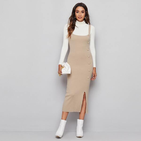 

Button Front Split Hem Overall Sweater Dress, Apricot