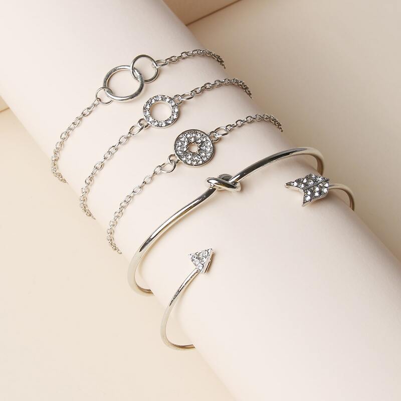 

5pcs Rhinestone Ring & Arrow Bracelet, Silver