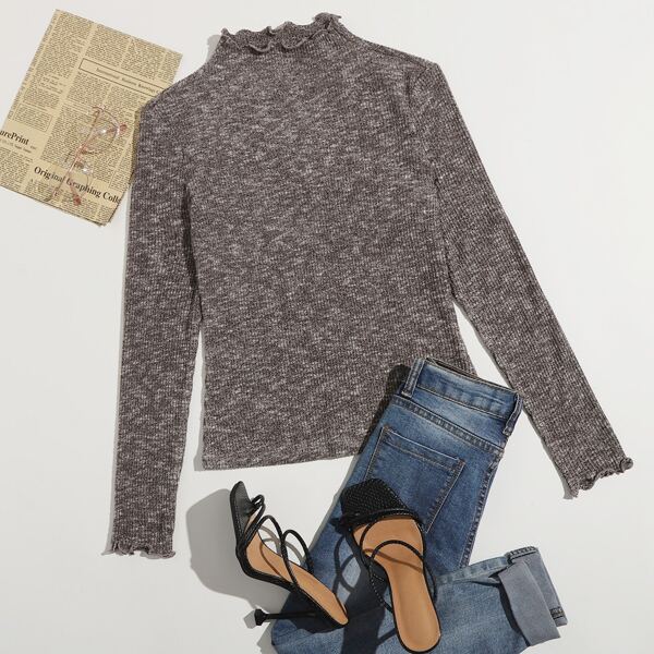 

Mock-Neck Lettuce Trim Top, Mocha brown