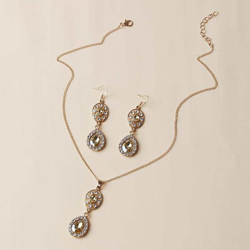 

3pcs Rhinestone Water Drop Jewelry Set, Gold