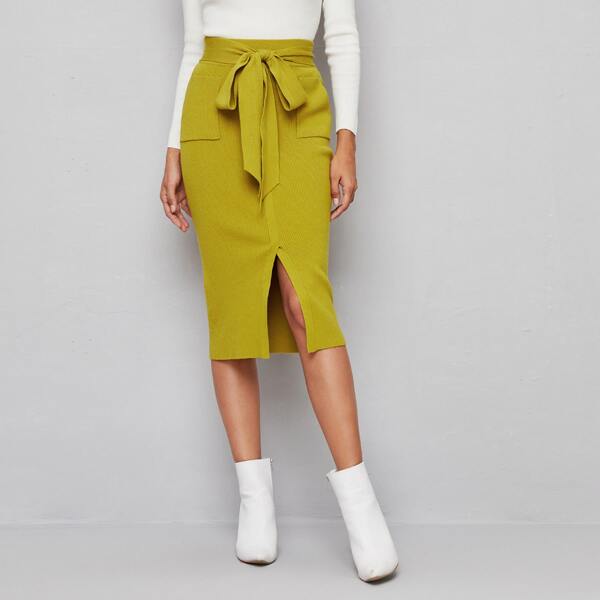 

Pocket Patched Split Front Self Belted Knit Skirt, Mustard yellow