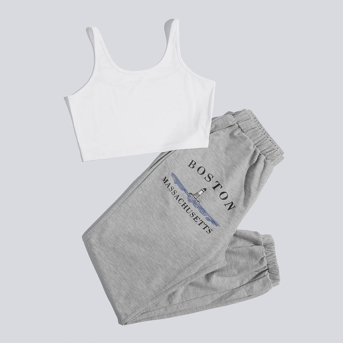 

Solid Tank & Letter Graphic Sweatpants, Multicolor