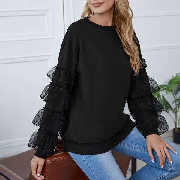 

Flocked Mesh Layered Sleeve Solid Sweatshirt, Black