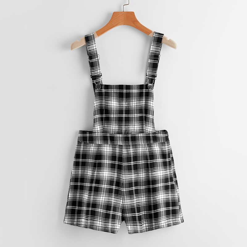 

Plaid Overall Romper, Black