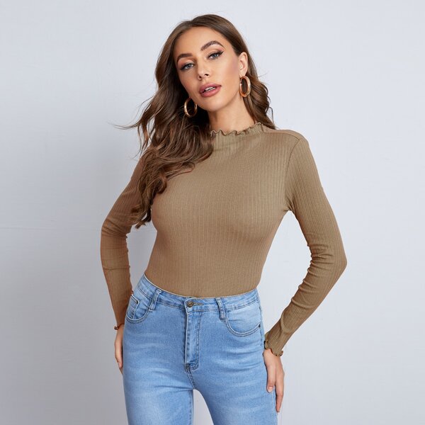 

Lettuce Trim Rib-knit Form Fitted Tee, Khaki
