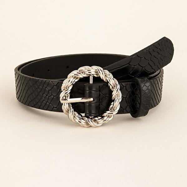 

Quilted Twist Round Buckle Belt, Black