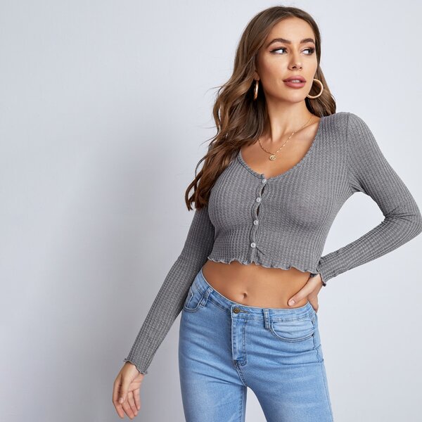 

Button Front Lettuce Trim Waffle Knit Top, Grey